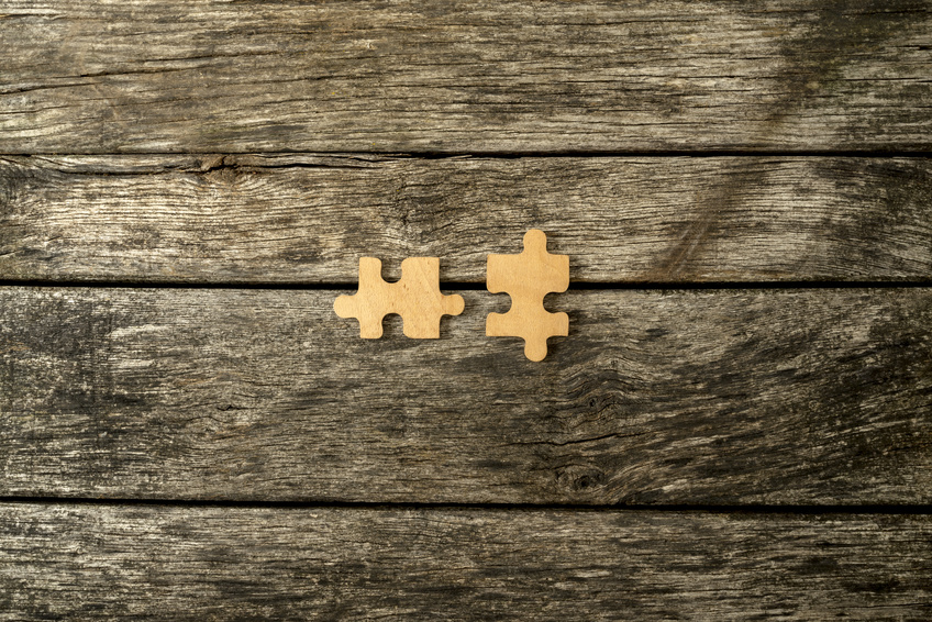 Two blank matching wooden puzzle pieces