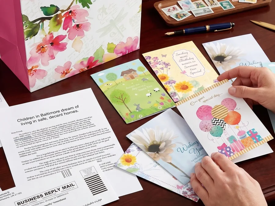 A direct mail fundraising package laid out on a desk: floral outer envelope, greeting cards, a personalized appeal letter, and a Business Reply Mail reply device